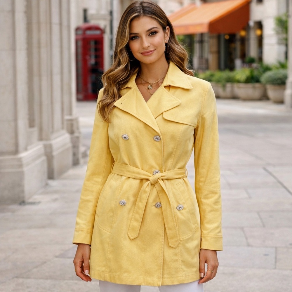 OSCAR an Oscar de la Renta Jacket Yellow Lined Trench Coat Sz 6 - Picture 3 of 10